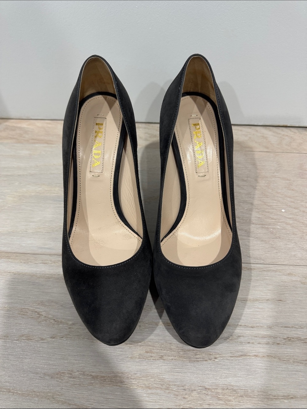Prada Dark Gray Suede Round-Toe Heel